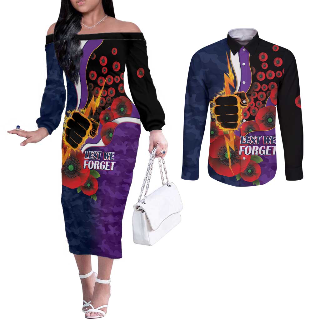 Melbourne Storm ANZAC Personalised Couples Matching Off The Shoulder Long Sleeve Dress and Long Sleeve Button Shirt Lest We Forget Poppy Camo