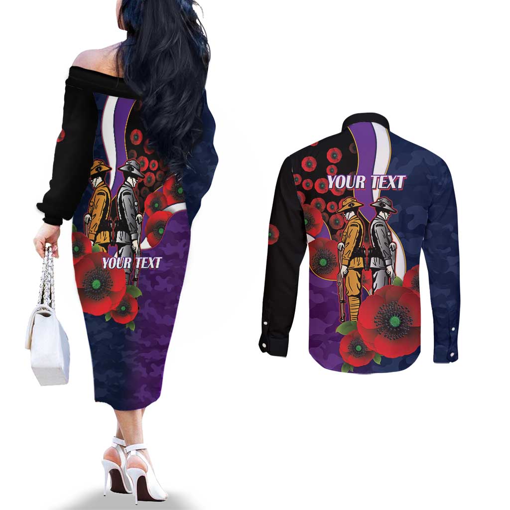 Melbourne Storm ANZAC Personalised Couples Matching Off The Shoulder Long Sleeve Dress and Long Sleeve Button Shirt Lest We Forget Poppy Camo