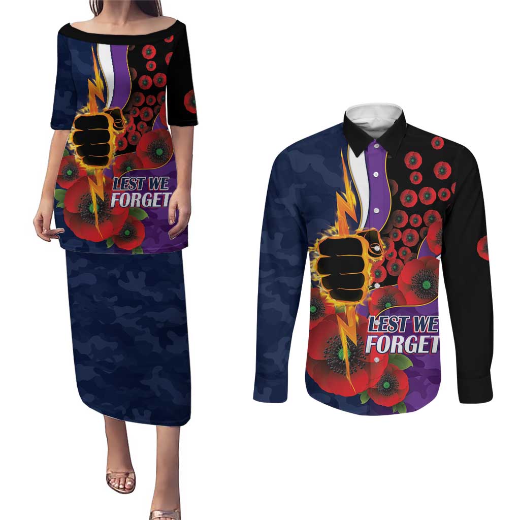 Melbourne Storm ANZAC Personalised Couples Matching Puletasi and Long Sleeve Button Shirt Lest We Forget Poppy Camo