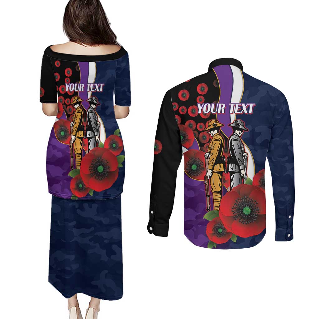 Melbourne Storm ANZAC Personalised Couples Matching Puletasi and Long Sleeve Button Shirt Lest We Forget Poppy Camo