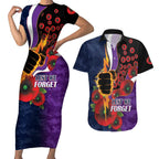 Melbourne Storm ANZAC Personalised Couples Matching Short Sleeve Bodycon Dress and Hawaiian Shirt Lest We Forget Poppy Camo