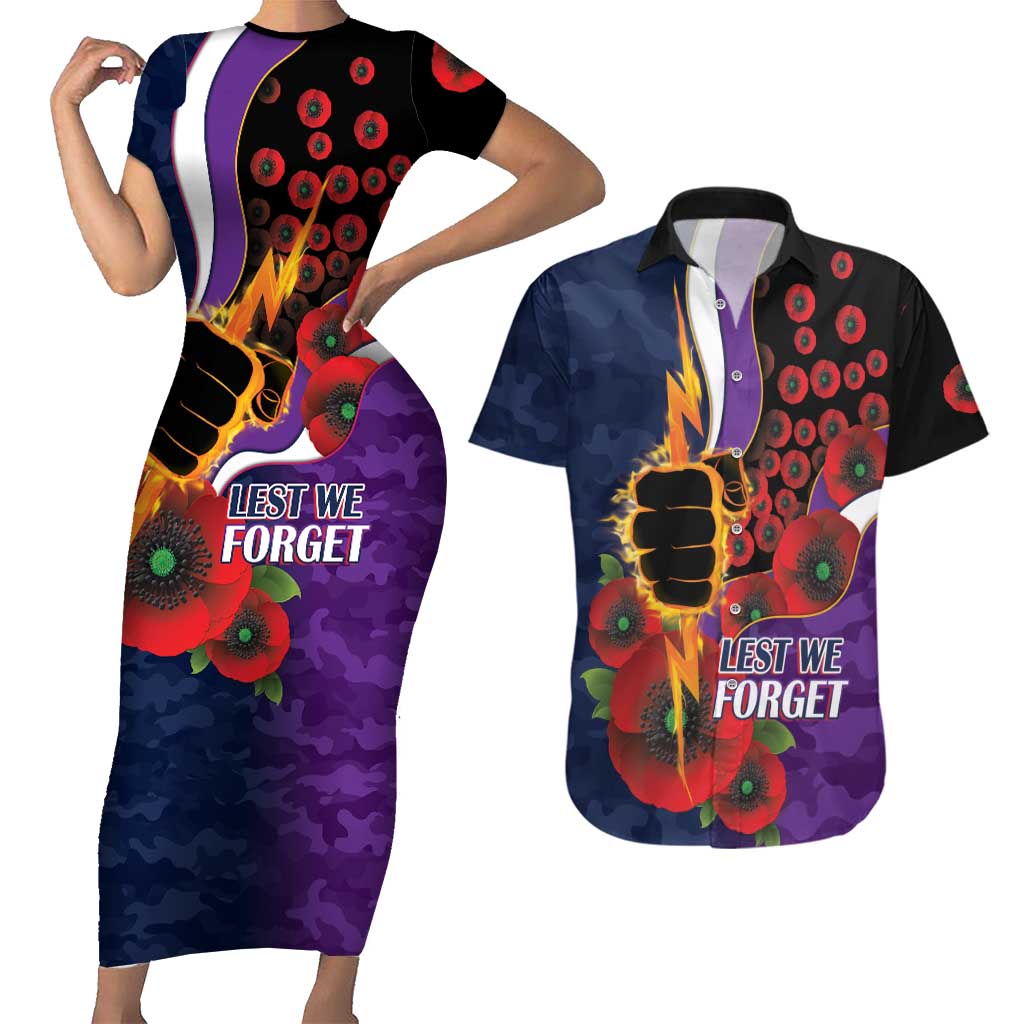 Melbourne Storm ANZAC Personalised Couples Matching Short Sleeve Bodycon Dress and Hawaiian Shirt Lest We Forget Poppy Camo