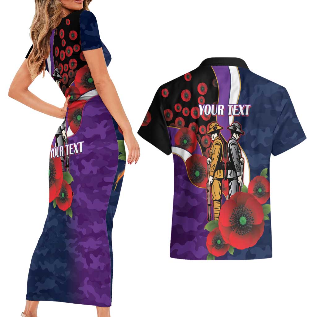 Melbourne Storm ANZAC Personalised Couples Matching Short Sleeve Bodycon Dress and Hawaiian Shirt Lest We Forget Poppy Camo