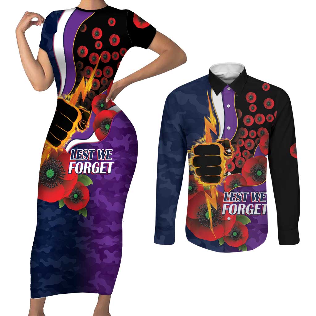 Melbourne Storm ANZAC Personalised Couples Matching Short Sleeve Bodycon Dress and Long Sleeve Button Shirt Lest We Forget Poppy Camo