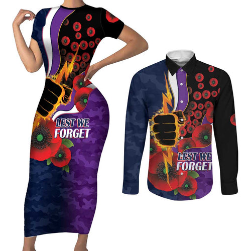 Melbourne Storm ANZAC Personalised Couples Matching Short Sleeve Bodycon Dress and Long Sleeve Button Shirt Lest We Forget Poppy Camo
