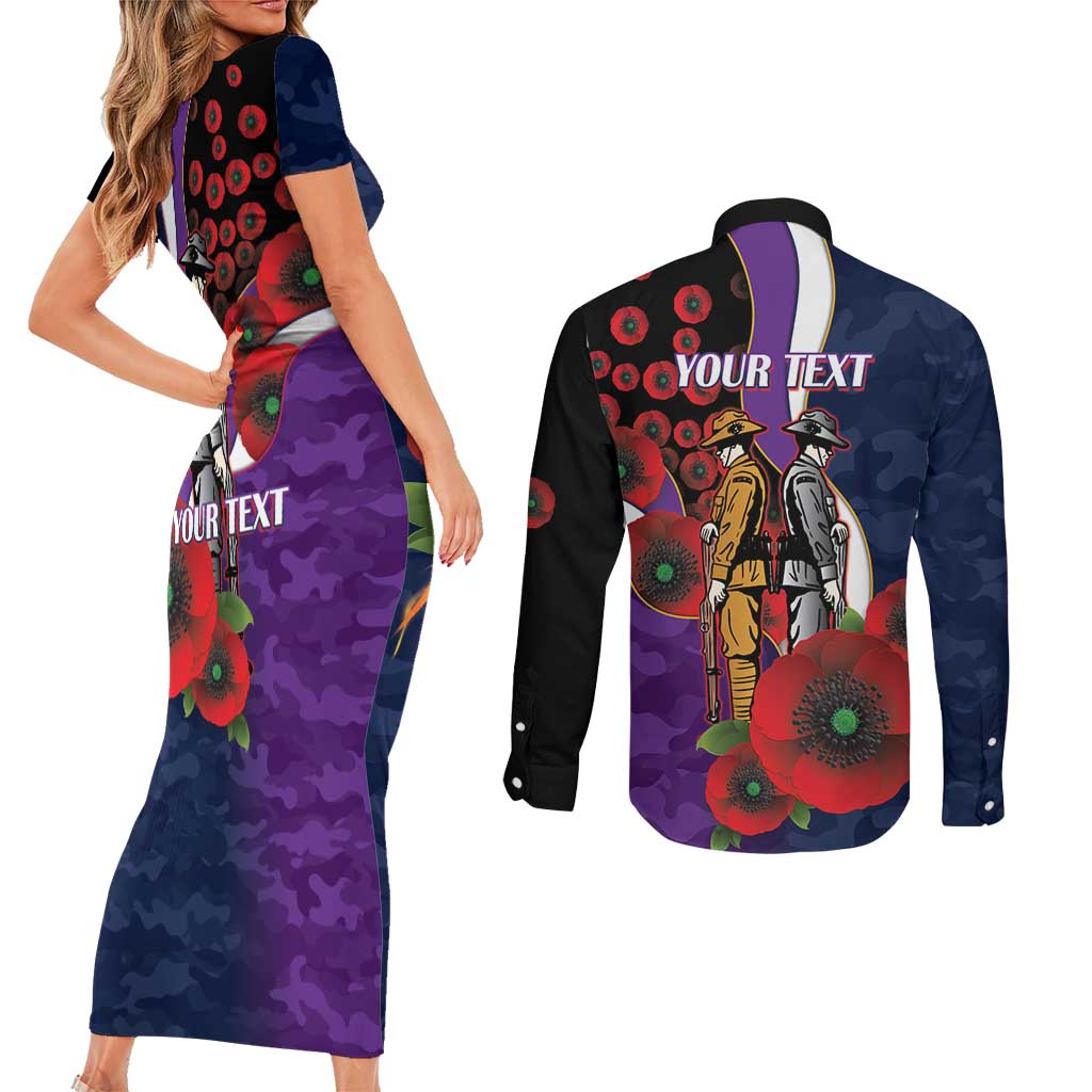 Melbourne Storm ANZAC Personalised Couples Matching Short Sleeve Bodycon Dress and Long Sleeve Button Shirt Lest We Forget Poppy Camo