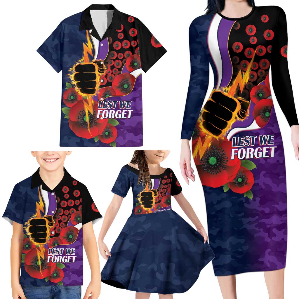 Melbourne Storm ANZAC Personalised Family Matching Long Sleeve Bodycon Dress and Hawaiian Shirt Lest We Forget Poppy Camo
