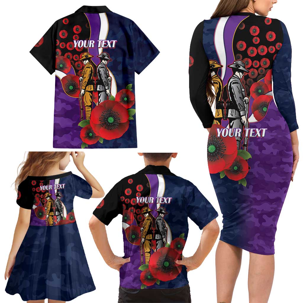 Melbourne Storm ANZAC Personalised Family Matching Long Sleeve Bodycon Dress and Hawaiian Shirt Lest We Forget Poppy Camo