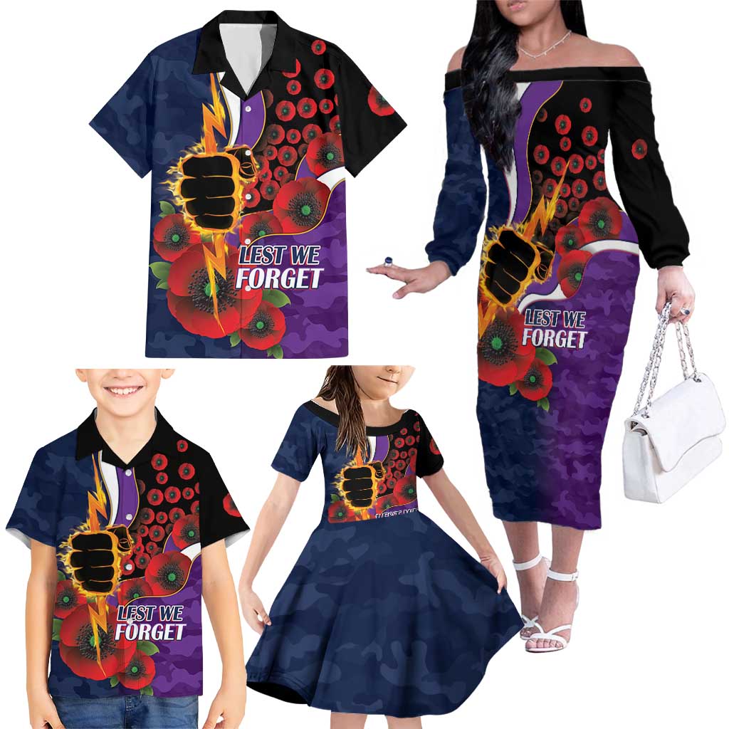 Melbourne Storm ANZAC Personalised Family Matching Off The Shoulder Long Sleeve Dress and Hawaiian Shirt Lest We Forget Poppy Camo
