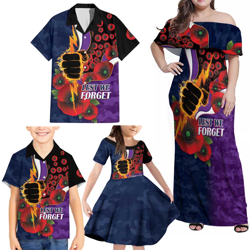 Melbourne Storm ANZAC Personalised Family Matching Off Shoulder Maxi Dress and Hawaiian Shirt Lest We Forget Poppy Camo