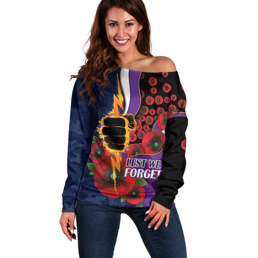 Melbourne Storm ANZAC Personalised Off Shoulder Sweater Lest We Forget Poppy Camo
