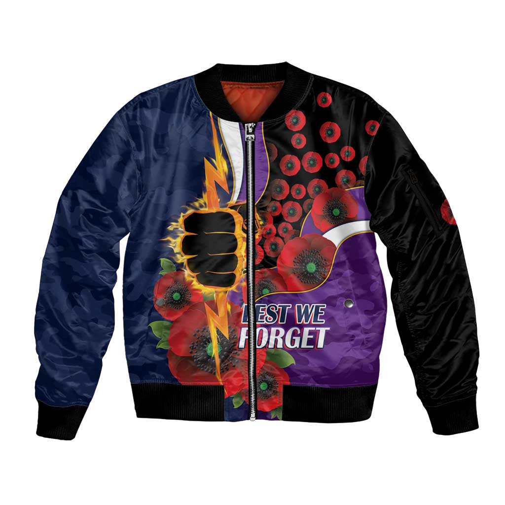 Melbourne Storm ANZAC Personalised Sleeve Zip Bomber Jacket Lest We Forget Poppy Camo