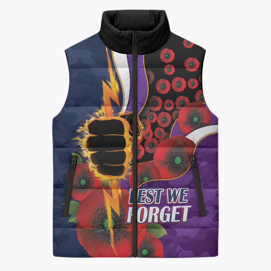Melbourne Storm ANZAC Personalised Sleeveless Puffer Jacket Lest We Forget Poppy Camo