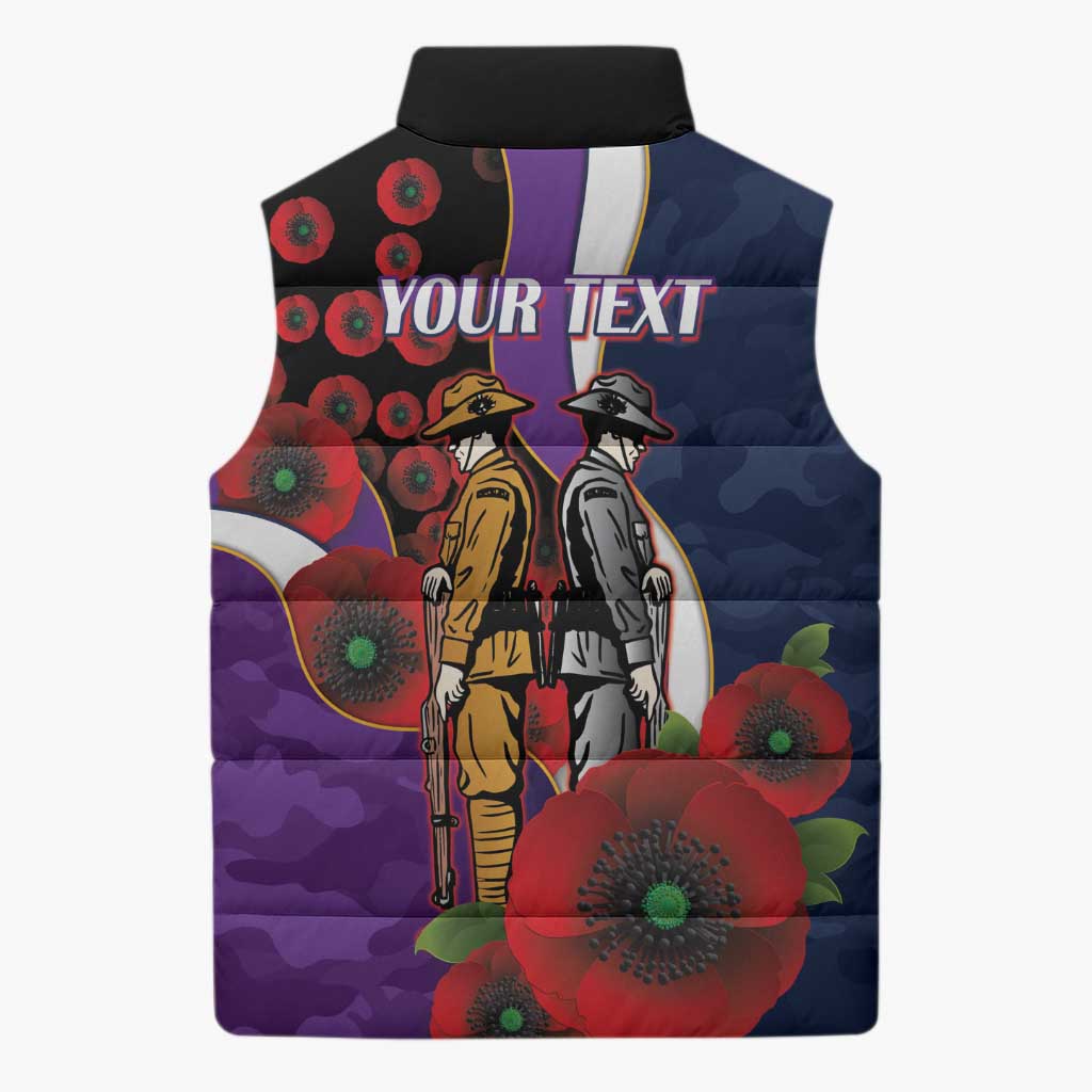 Melbourne Storm ANZAC Personalised Sleeveless Puffer Jacket Lest We Forget Poppy Camo