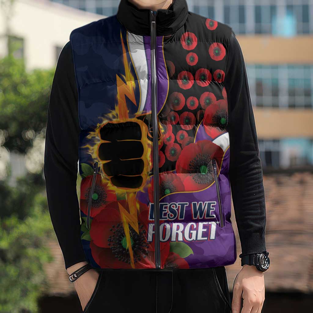 Melbourne Storm ANZAC Personalised Sleeveless Puffer Jacket Lest We Forget Poppy Camo