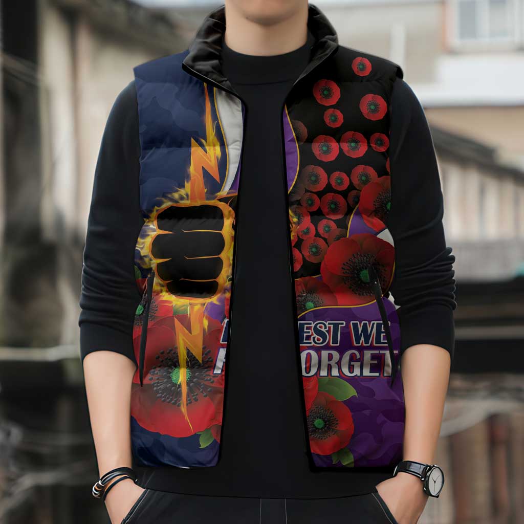 Melbourne Storm ANZAC Personalised Sleeveless Puffer Jacket Lest We Forget Poppy Camo