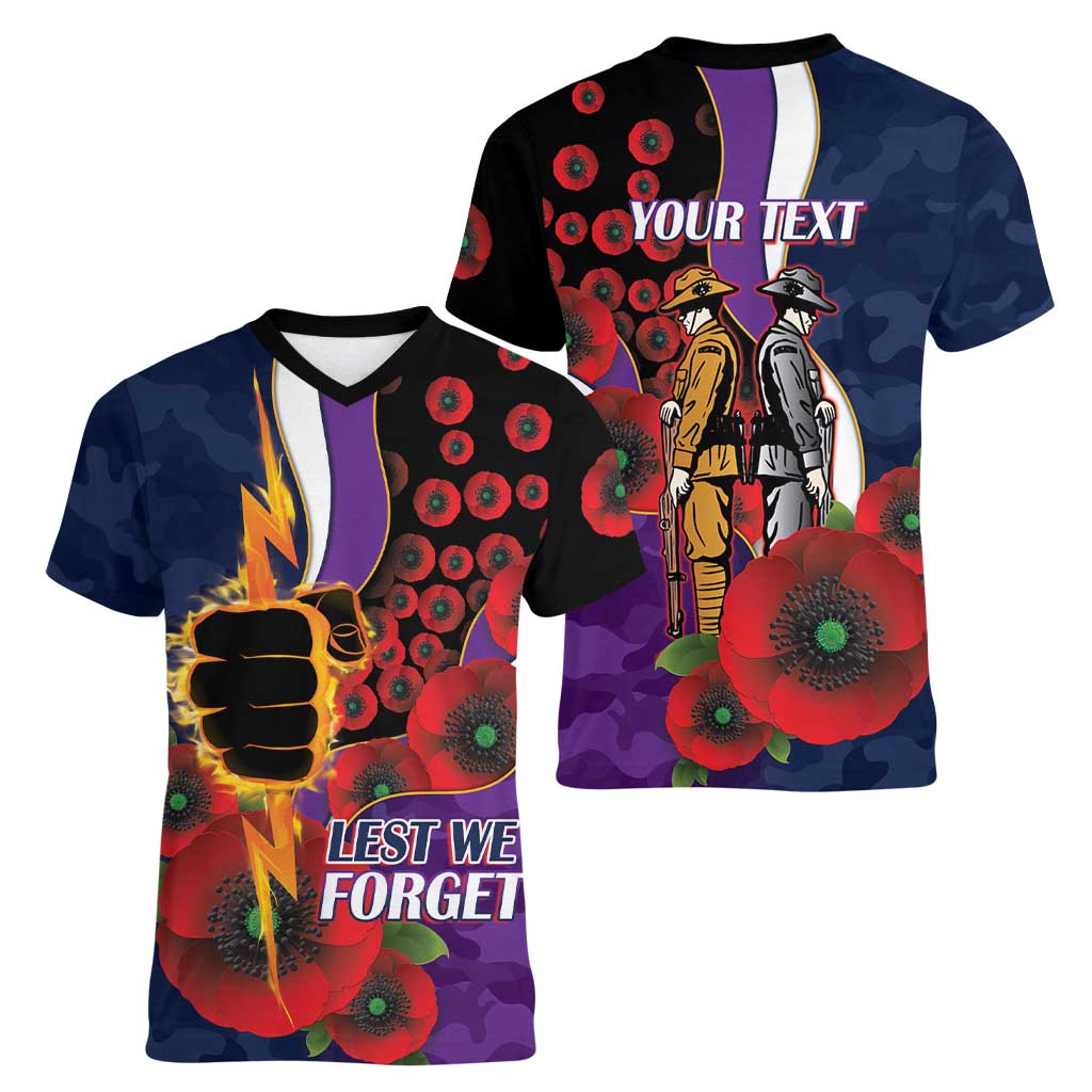 Melbourne Storm ANZAC Personalised Women V-Neck T-Shirt Lest We Forget Poppy Camo