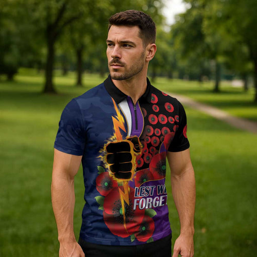 Melbourne Storm ANZAC Personalised Zipper Polo Shirt Lest We Forget Poppy Camo