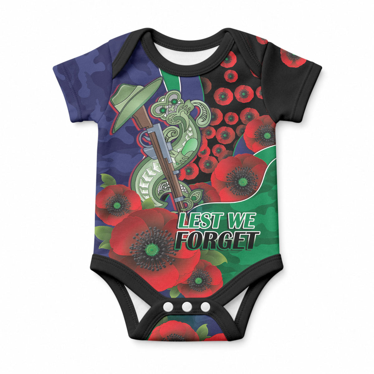 New Zealand Warriors ANZAC Personalised Baby Onesie Lest We Forget Poppy Camo