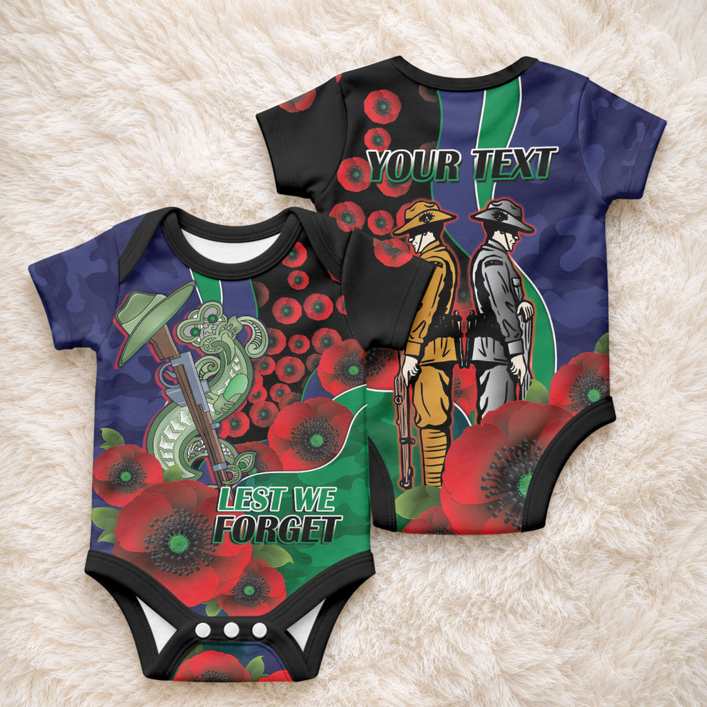 New Zealand Warriors ANZAC Personalised Baby Onesie Lest We Forget Poppy Camo