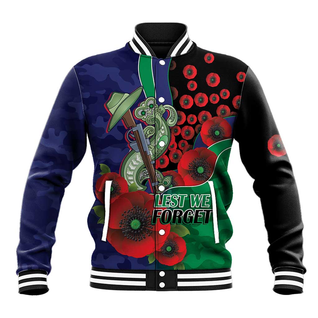 New Zealand Warriors ANZAC Personalised Baseball Jacket Lest We Forget Poppy Camo