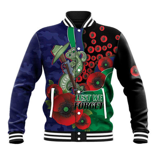 New Zealand Warriors ANZAC Personalised Baseball Jacket Lest We Forget Poppy Camo