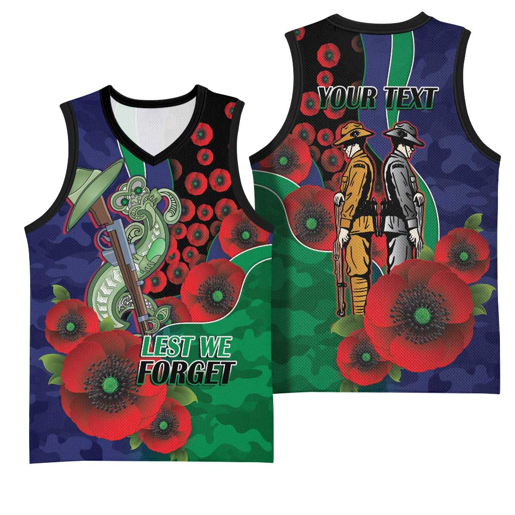 New Zealand Warriors ANZAC Personalised Basketball Jersey Lest We Forget Poppy Camo