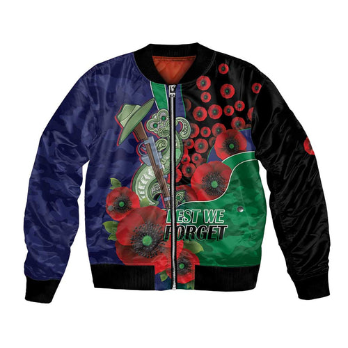 New Zealand Warriors ANZAC Personalised Bomber Jacket Lest We Forget Poppy Camo