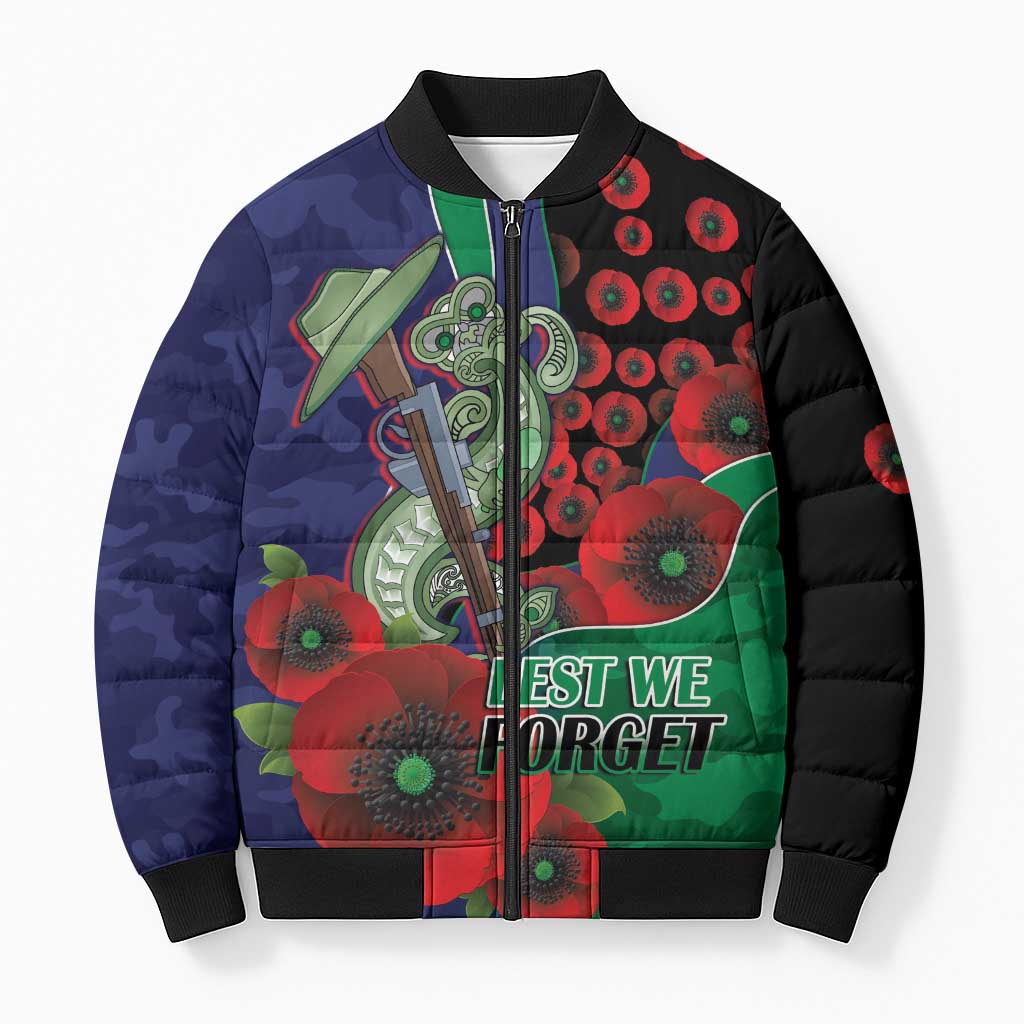 New Zealand Warriors ANZAC Personalised Bomber Puffer Jacket Lest We Forget Poppy Camo