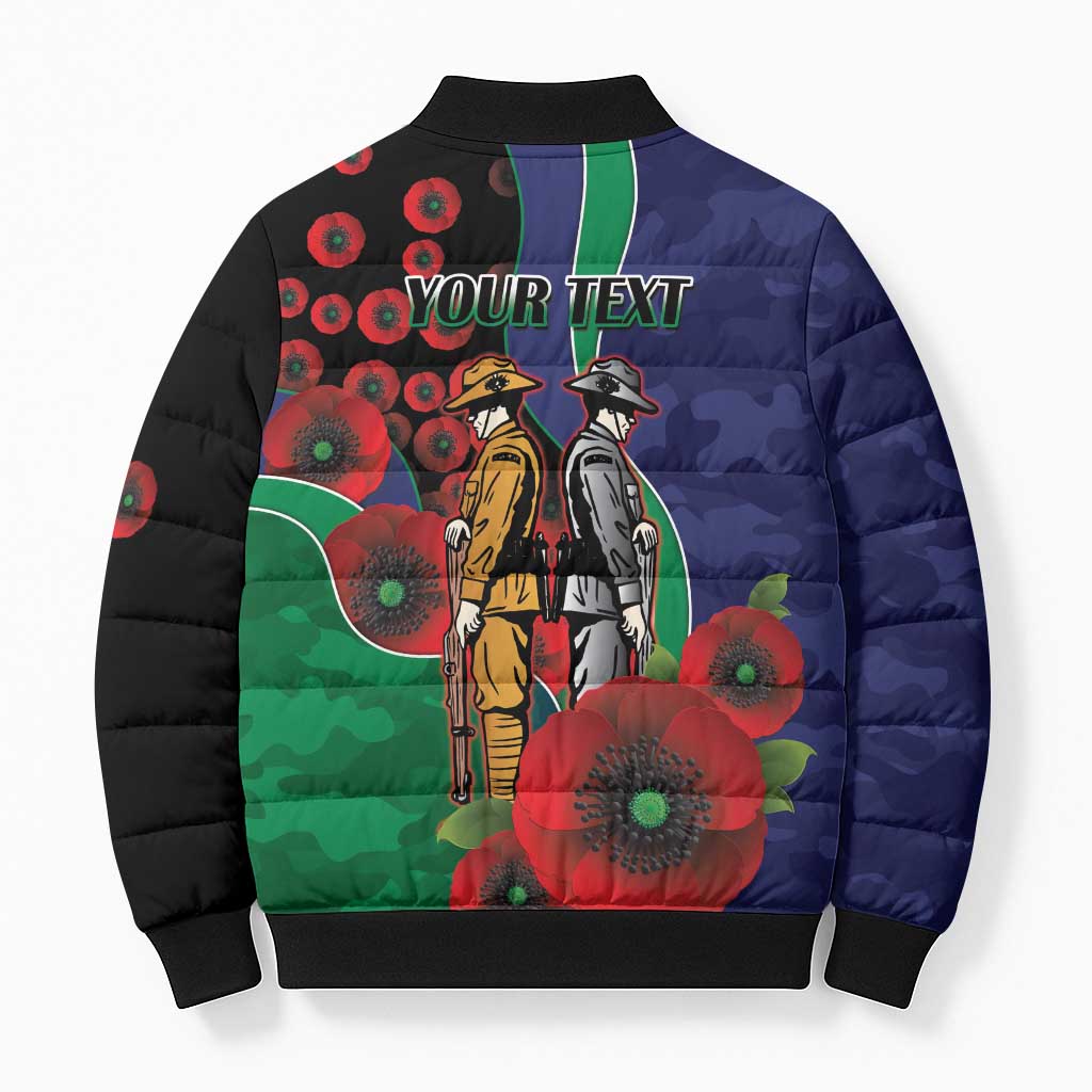 New Zealand Warriors ANZAC Personalised Bomber Puffer Jacket Lest We Forget Poppy Camo