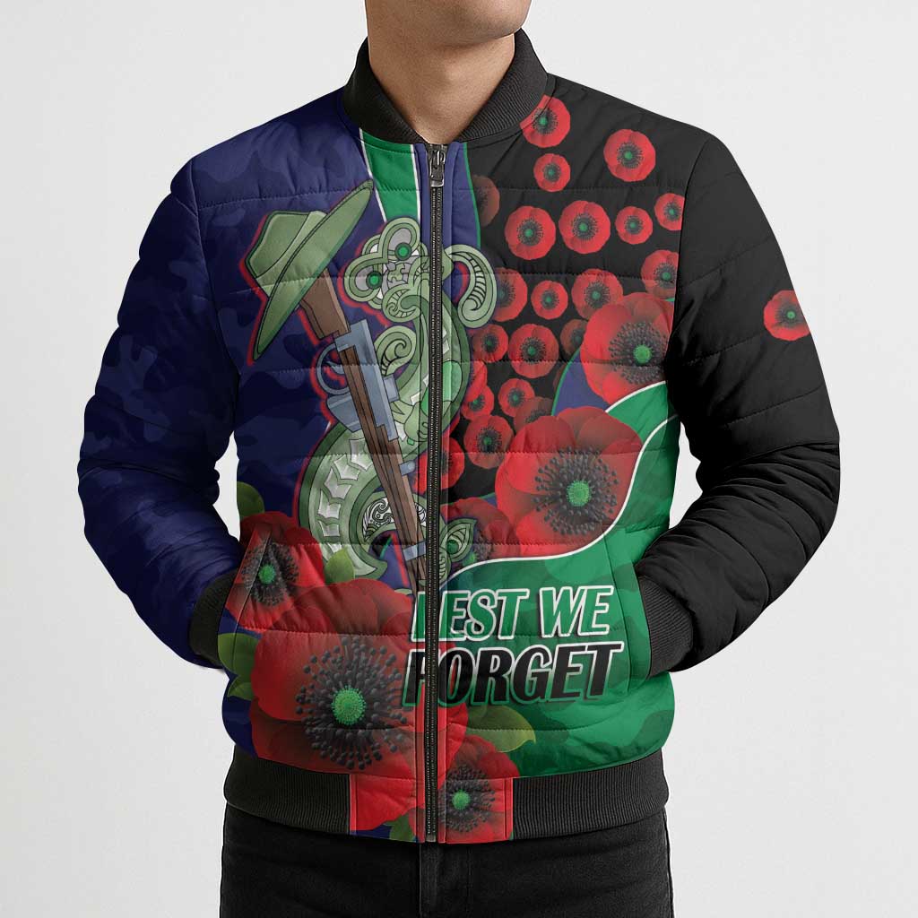 New Zealand Warriors ANZAC Personalised Bomber Puffer Jacket Lest We Forget Poppy Camo