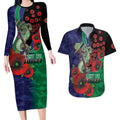 New Zealand Warriors ANZAC Personalised Couples Matching Long Sleeve Bodycon Dress and Hawaiian Shirt Lest We Forget Poppy Camo