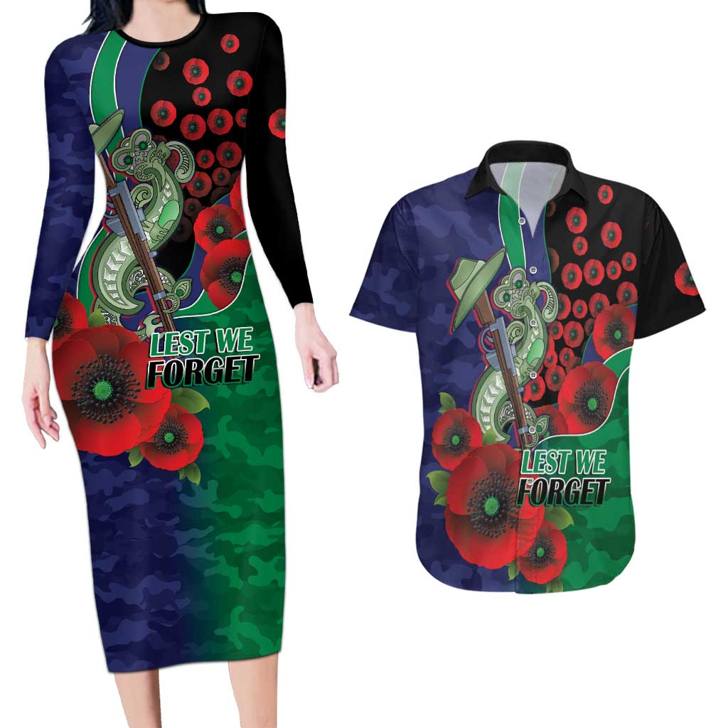New Zealand Warriors ANZAC Personalised Couples Matching Long Sleeve Bodycon Dress and Hawaiian Shirt Lest We Forget Poppy Camo