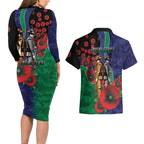 New Zealand Warriors ANZAC Personalised Couples Matching Long Sleeve Bodycon Dress and Hawaiian Shirt Lest We Forget Poppy Camo