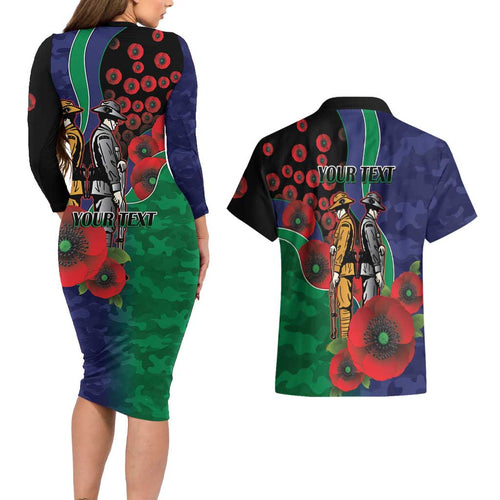 New Zealand Warriors ANZAC Personalised Couples Matching Long Sleeve Bodycon Dress and Hawaiian Shirt Lest We Forget Poppy Camo