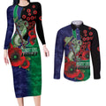 New Zealand Warriors ANZAC Personalised Couples Matching Long Sleeve Bodycon Dress and Long Sleeve Button Shirt Lest We Forget Poppy Camo