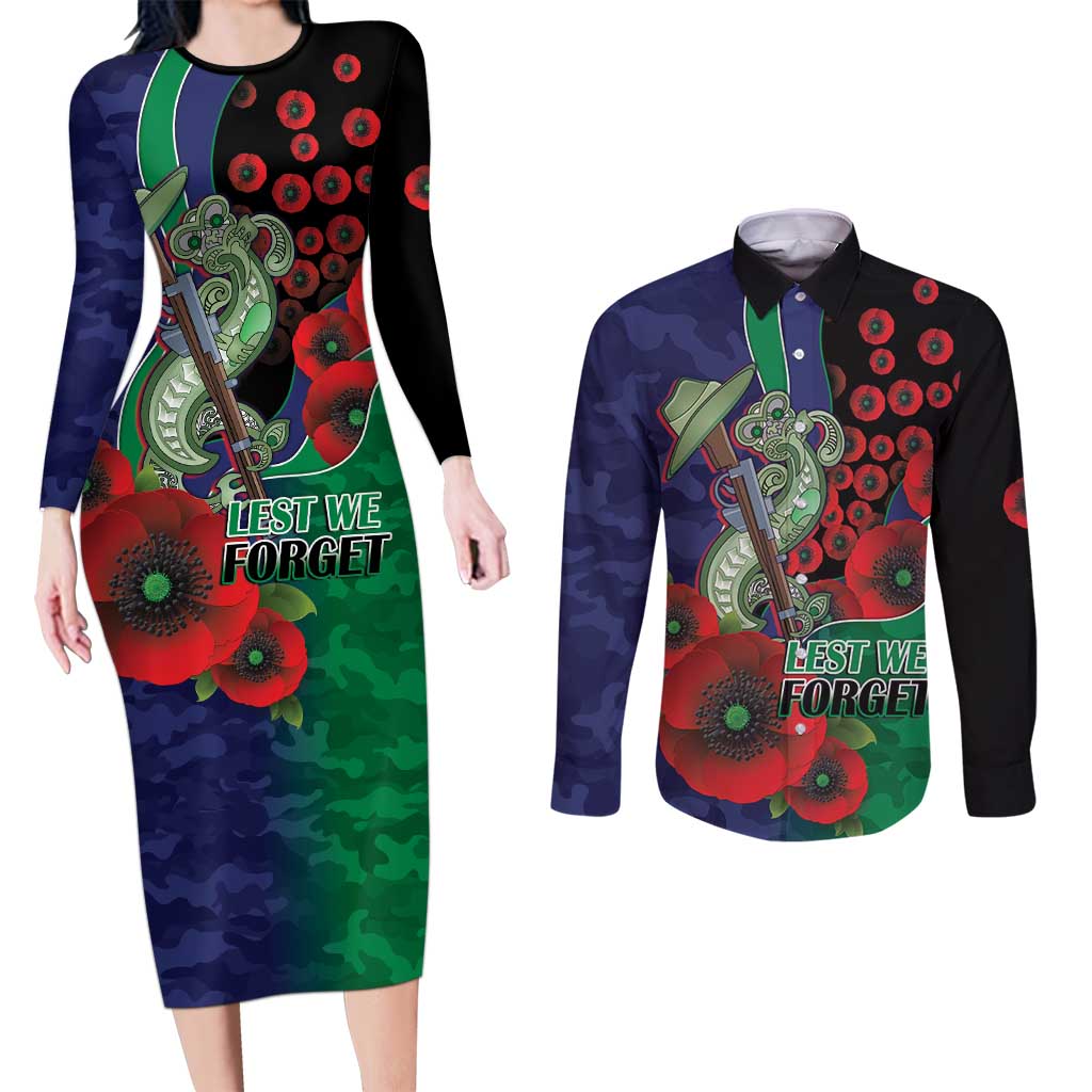 New Zealand Warriors ANZAC Personalised Couples Matching Long Sleeve Bodycon Dress and Long Sleeve Button Shirt Lest We Forget Poppy Camo