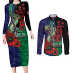 New Zealand Warriors ANZAC Personalised Couples Matching Long Sleeve Bodycon Dress and Long Sleeve Button Shirt Lest We Forget Poppy Camo
