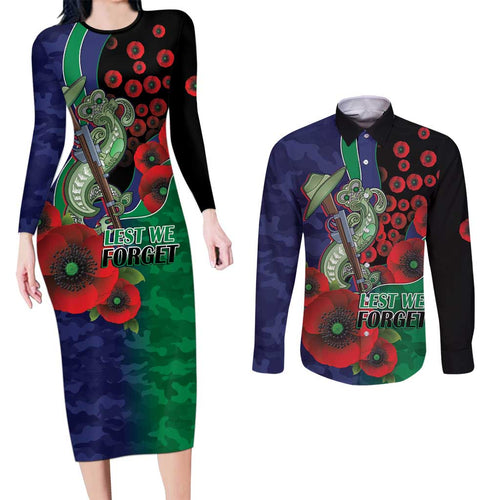 New Zealand Warriors ANZAC Personalised Couples Matching Long Sleeve Bodycon Dress and Long Sleeve Button Shirt Lest We Forget Poppy Camo