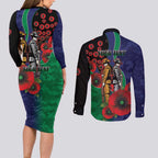 New Zealand Warriors ANZAC Personalised Couples Matching Long Sleeve Bodycon Dress and Long Sleeve Button Shirt Lest We Forget Poppy Camo