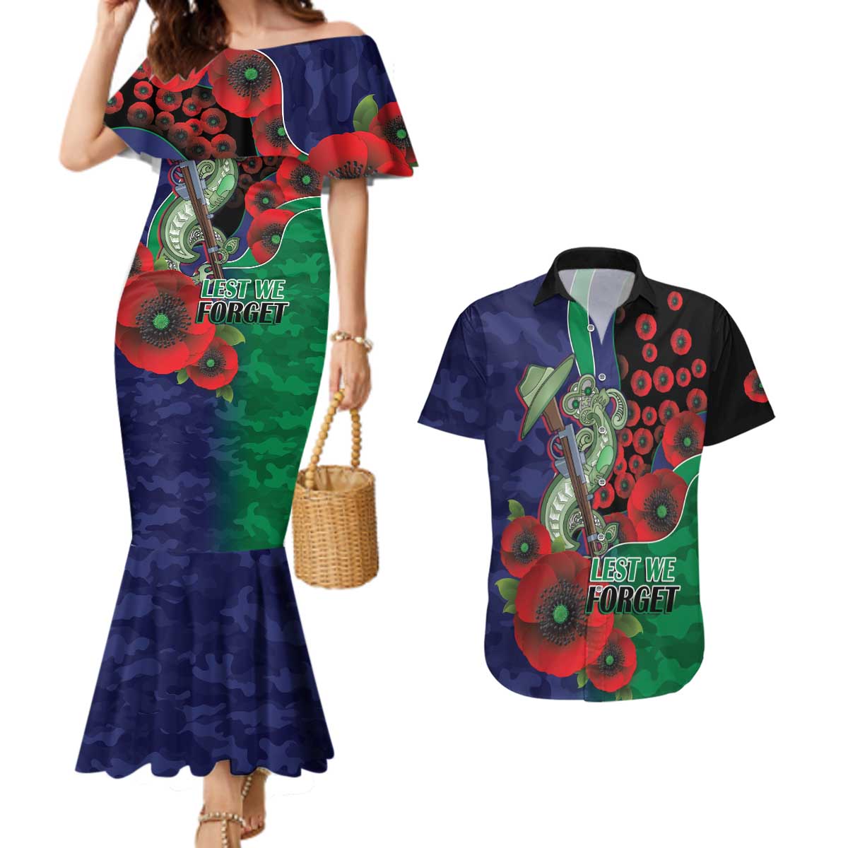 New Zealand Warriors ANZAC Personalised Couples Matching Mermaid Dress and Hawaiian Shirt Lest We Forget Poppy Camo