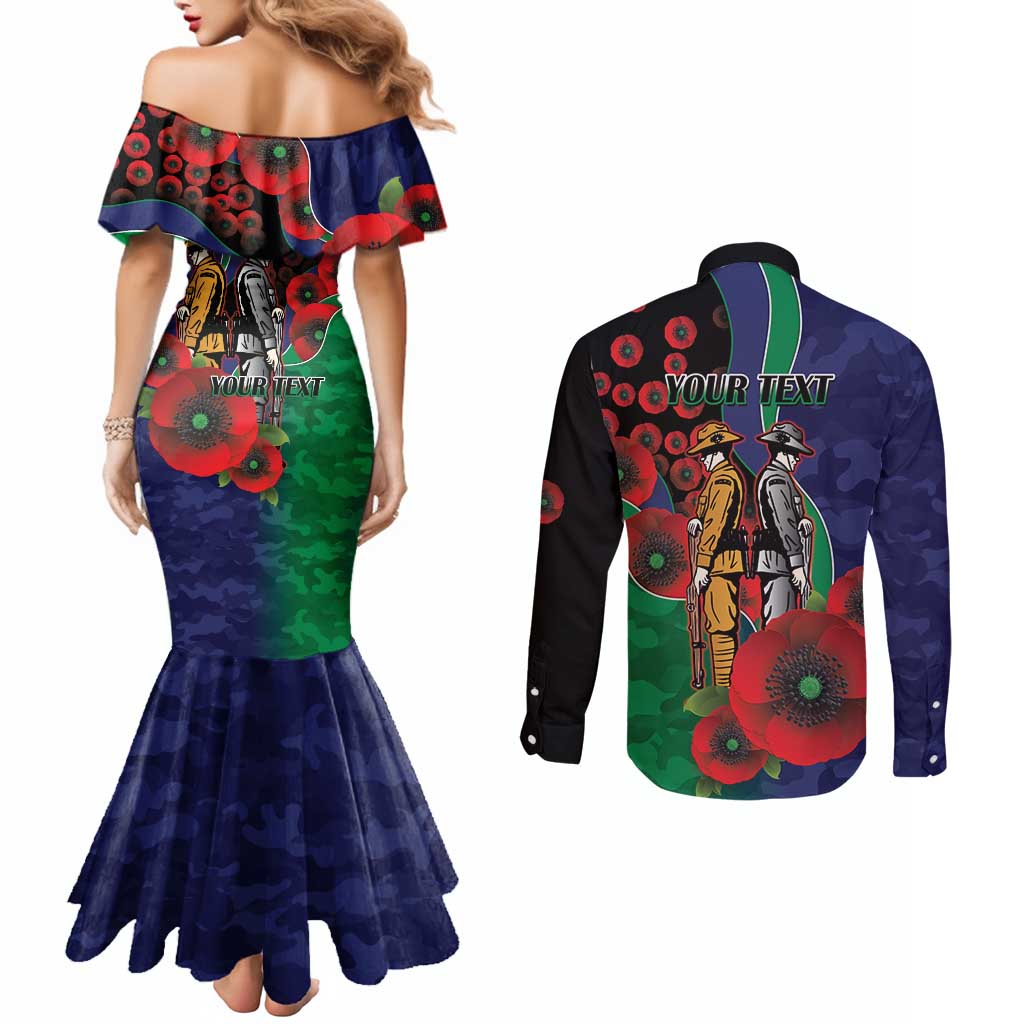 New Zealand Warriors ANZAC Personalised Couples Matching Mermaid Dress and Long Sleeve Button Shirt Lest We Forget Poppy Camo