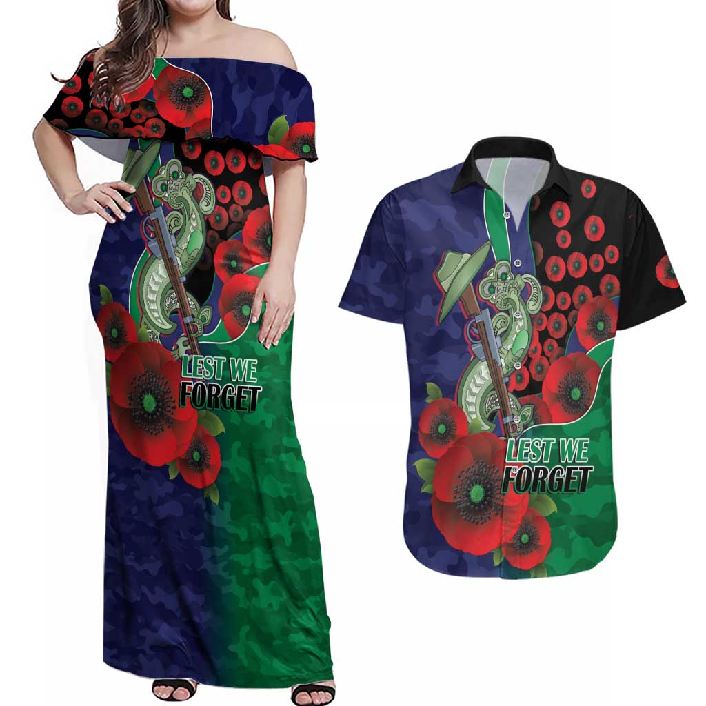 New Zealand Warriors ANZAC Personalised Couples Matching Off Shoulder Maxi Dress and Hawaiian Shirt Lest We Forget Poppy Camo
