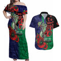 New Zealand Warriors ANZAC Personalised Couples Matching Off Shoulder Maxi Dress and Hawaiian Shirt Lest We Forget Poppy Camo