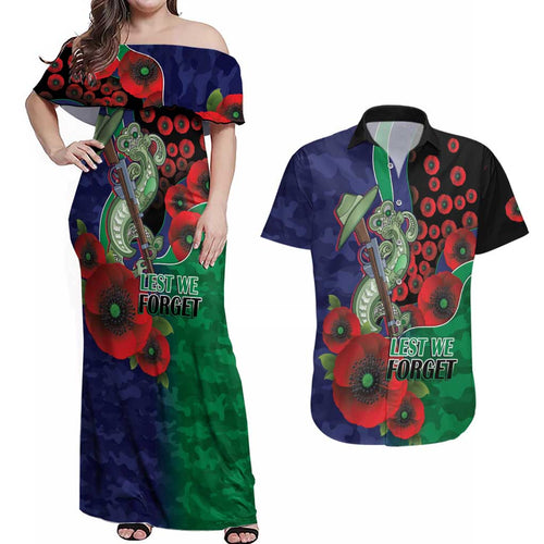 New Zealand Warriors ANZAC Personalised Couples Matching Off Shoulder Maxi Dress and Hawaiian Shirt Lest We Forget Poppy Camo