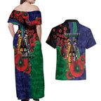 New Zealand Warriors ANZAC Personalised Couples Matching Off Shoulder Maxi Dress and Hawaiian Shirt Lest We Forget Poppy Camo