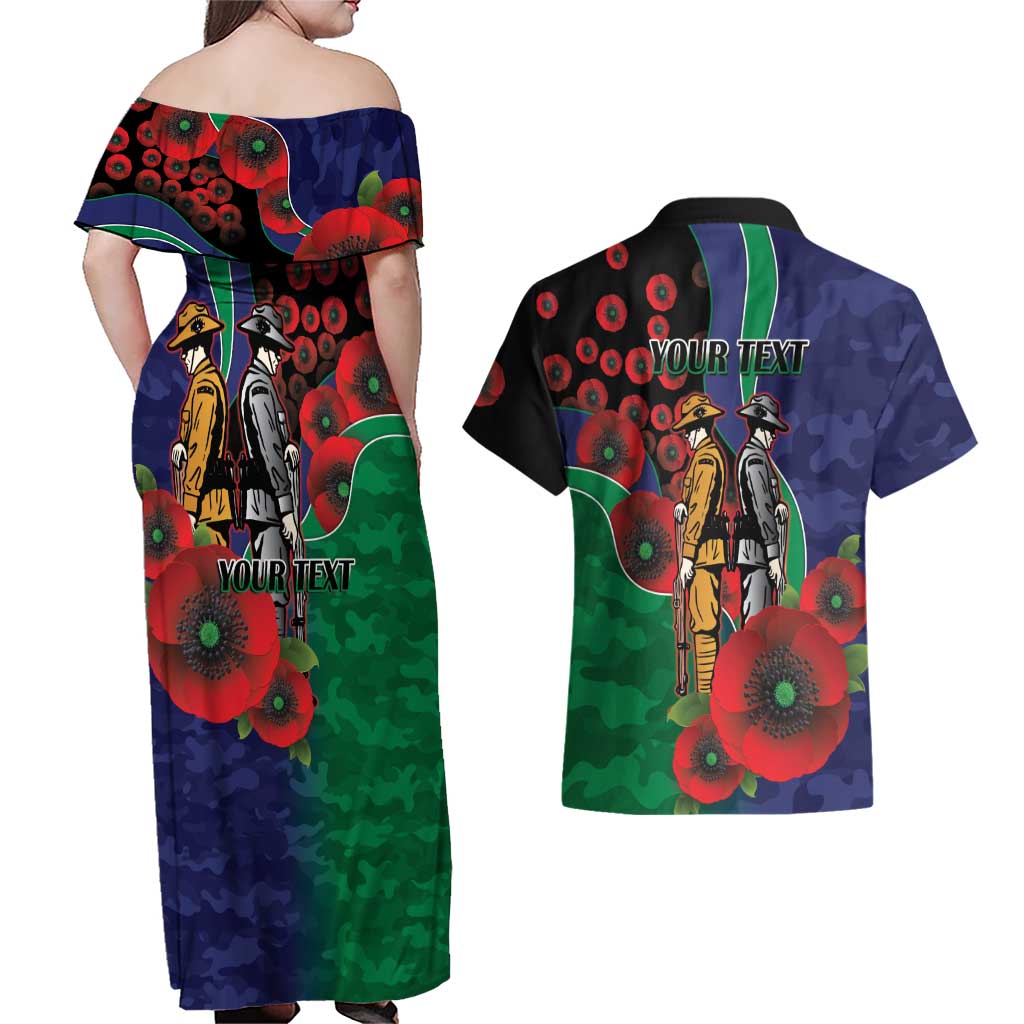 New Zealand Warriors ANZAC Personalised Couples Matching Off Shoulder Maxi Dress and Hawaiian Shirt Lest We Forget Poppy Camo