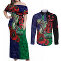 New Zealand Warriors ANZAC Personalised Couples Matching Off Shoulder Maxi Dress and Long Sleeve Button Shirt Lest We Forget Poppy Camo