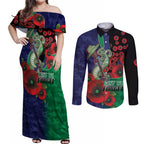 New Zealand Warriors ANZAC Personalised Couples Matching Off Shoulder Maxi Dress and Long Sleeve Button Shirt Lest We Forget Poppy Camo