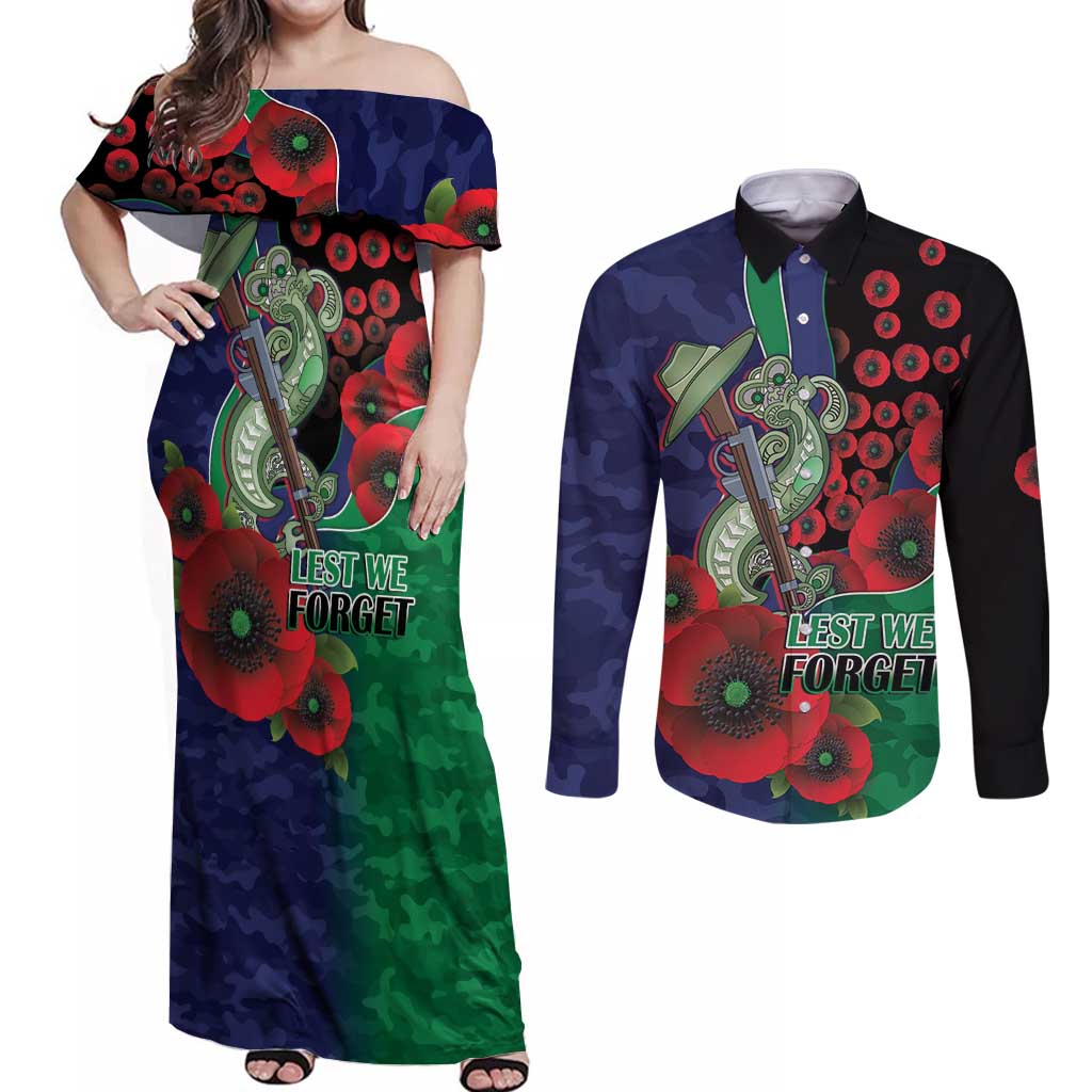 New Zealand Warriors ANZAC Personalised Couples Matching Off Shoulder Maxi Dress and Long Sleeve Button Shirt Lest We Forget Poppy Camo
